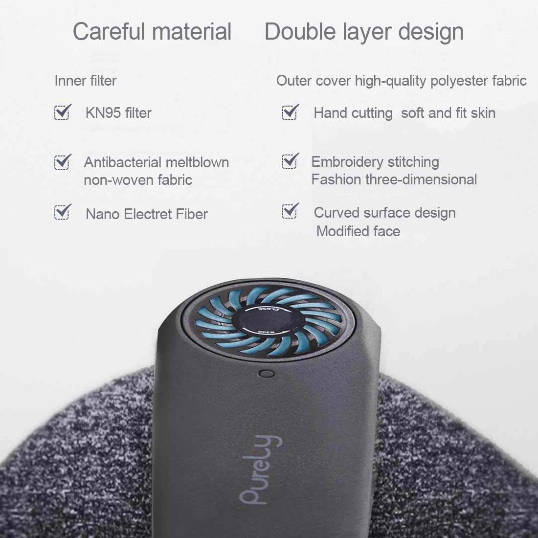 Xiaomi - Originální respirátor Xiaomi Youpin Purely KN95 FFP2 Elektrická protiskluzová protiskluzová maska ​​PM2.5 s ochranou proti prachu, bakteriím, virům s dobíjecím filtrem s filtrací 99%