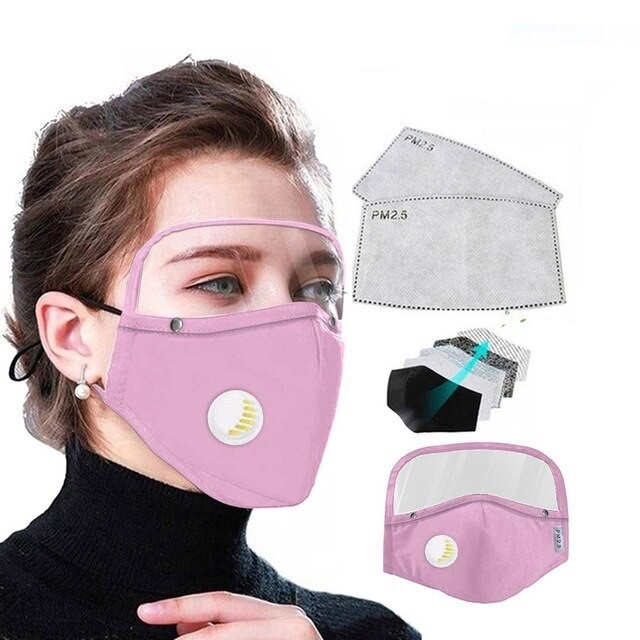 Štít a PM2.5 Bavlněná ústní maska s výduchem pro opakované použití + 2x filtr PM2.5 s aktivním uhlím 5 vrstev, růžová