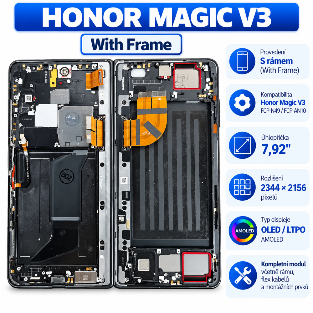 Vnitřní AMOLED/OLED displej s rámem pro Honor Magic V3 FCP-N49 a FCP-AN10. Velký 7,92 Vnitřní AMOLED/OLED displej s rámem pro Honor Magic V3 FCP-N49 a FCP-AN10. Velký 7,92