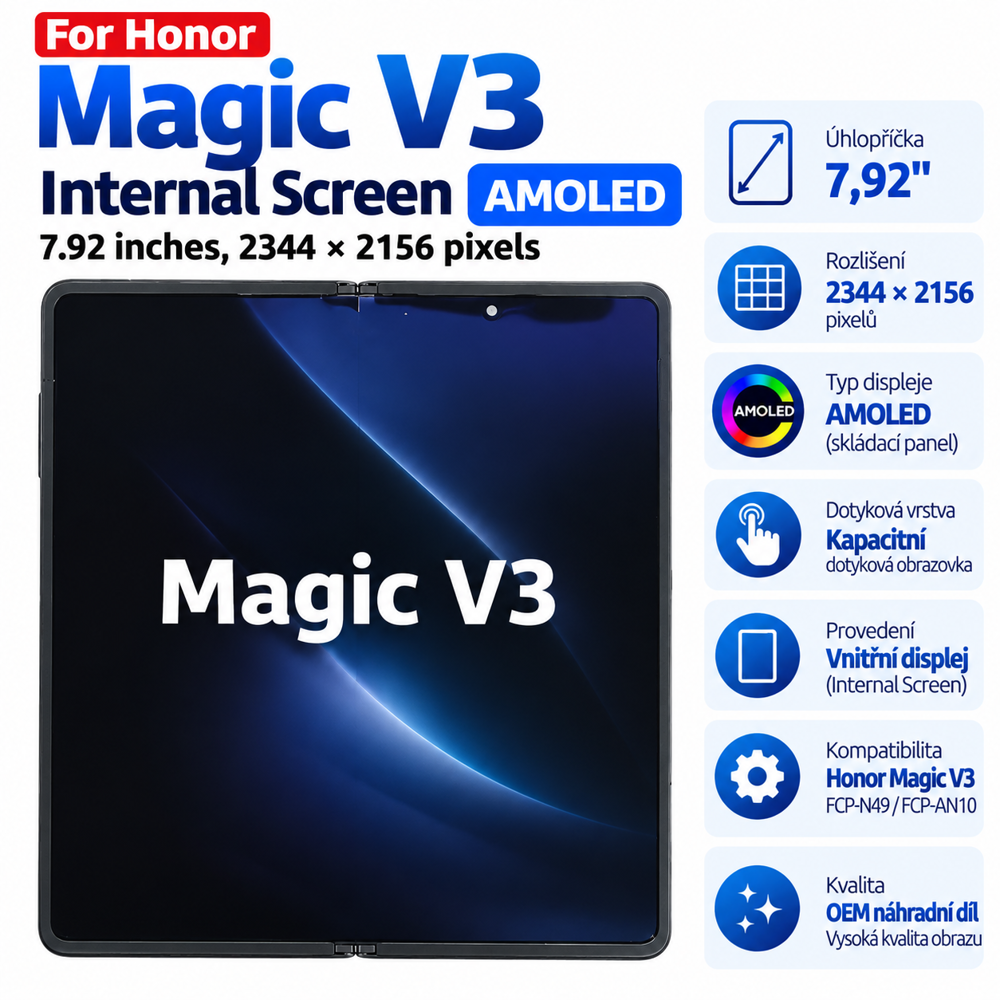 Vnitřní AMOLED/OLED displej s rámem pro Honor Magic V3 FCP-N49 a FCP-AN10. Velký 7,92 Vnitřní AMOLED/OLED displej s rámem pro Honor Magic V3 FCP-N49 a FCP-AN10. Velký 7,92