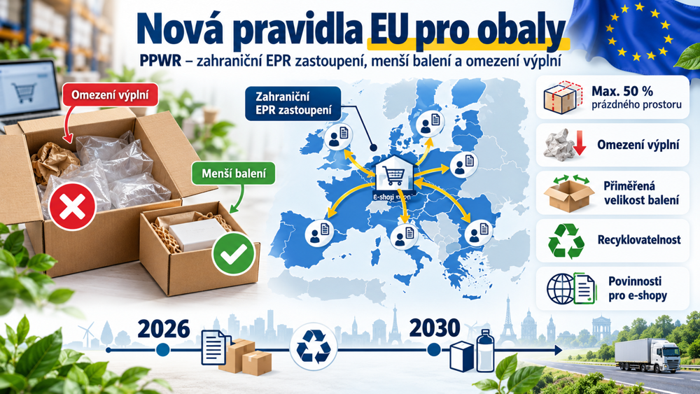 Nové nařízení EU 2025/40 PPWR mění pravidla pro e-shopy. Zahraniční EPR registrace a zástupci, omezení prázdného prostoru a výplní, menší obaly, recyklovatelnost a nové značení.