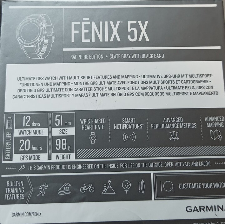 Garmin Fénix 5X slate gray, použité hodinky ve velmi dobrém stavu s roční zárukou, kompletním originálním obalem a přísl. návody, nab. kabel apod. Řeminek je nový, hodinky zaleštěny a vyčištěny ultrazvukem viz fotografie konkrétního kusu.