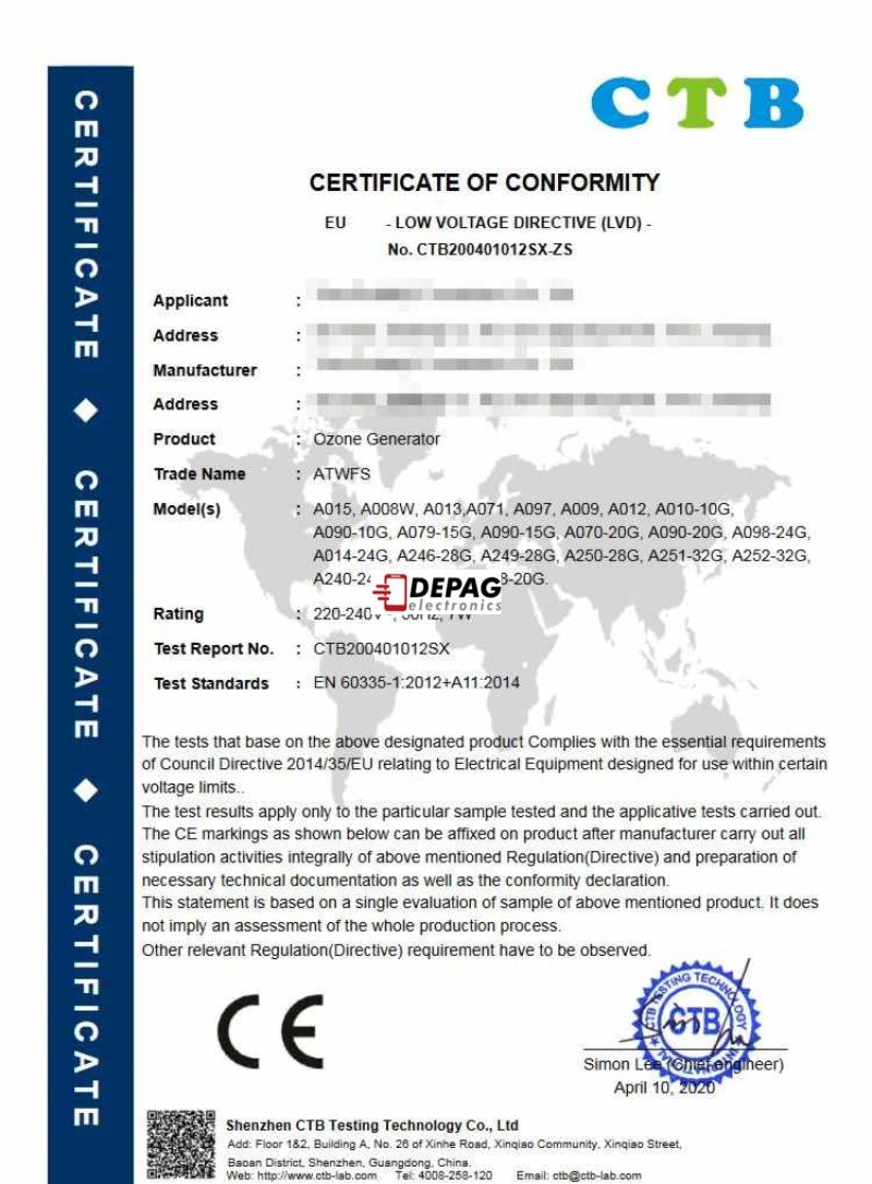 Ozon generator CE certifikace