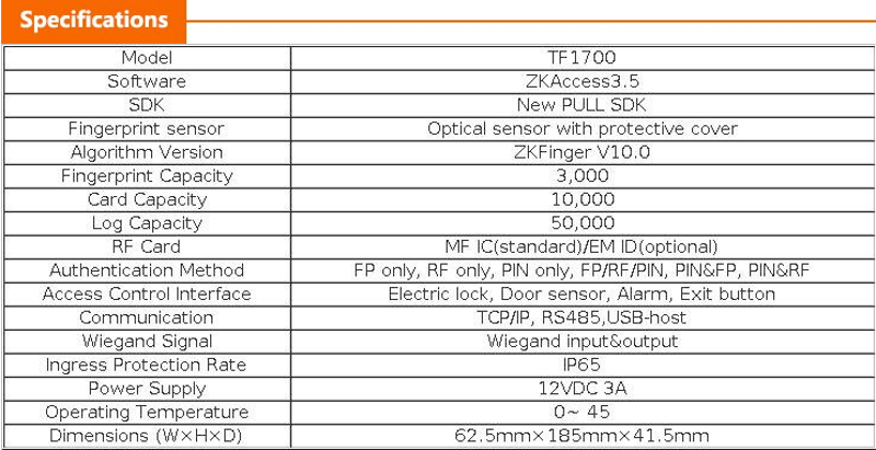 ZKTeco F1700 Building, docházkový systém s čtečkou otisků prstů s TCP/IP