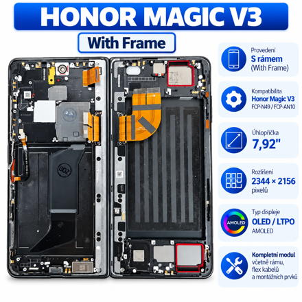 AMOLED vnitřní displej s rámem pro Honor Magic V3 FCP-N49 / FCP-AN10 – 7,92", 2344 × 2156 px