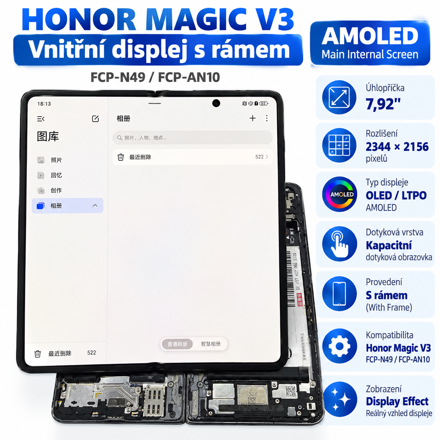 AMOLED vnitřní displej s rámem pro Honor Magic V3 FCP-N49 / FCP-AN10 – 7,92", 2344 × 2156 px
