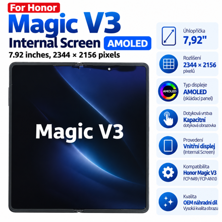 AMOLED vnitřní displej s rámem pro Honor Magic V3 FCP-N49 / FCP-AN10 – 7,92", 2344 × 2156 px