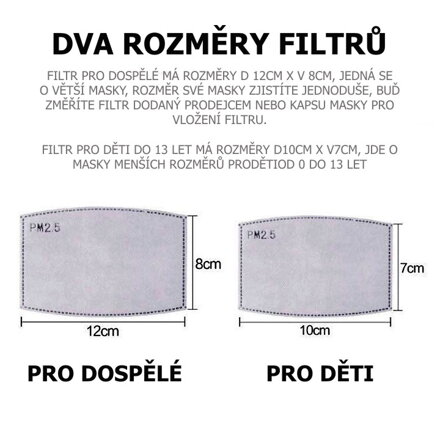 PM 2.5 náhradní filtr ROZMĚR 12cm x 8cm, 5 vrstev s aktivním uhlím, 96%, certifikací CE, pro respirátory a masky
