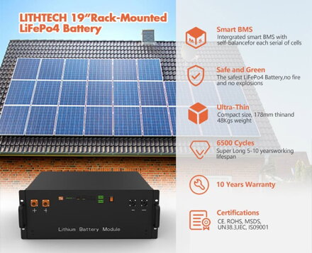 BATERIE 10,24 kWh LITHTECH TB6000X 51,2 V 200 Ah, 16S1P, Prismatic, ocelové pouzdro 100 A BMS, 150 A Peak, váha cca 93 kg, RS232, RS485, CAN, životnost 6000+ cyklů, záruka 10 let.