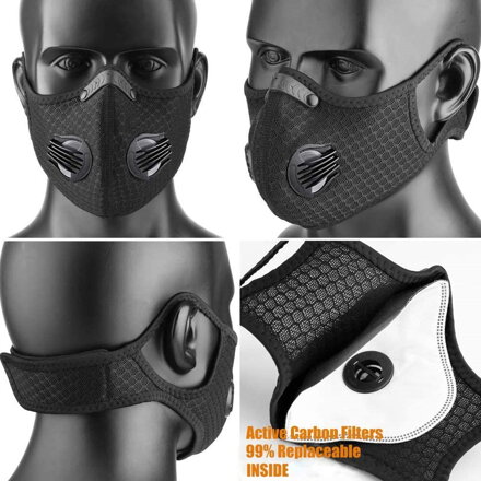 EU3M respirátor - protiprachová maska + filtr PM25 s aktivním uhlím, filtrační maska, sportovní síťovina, univerzální velikost, černá