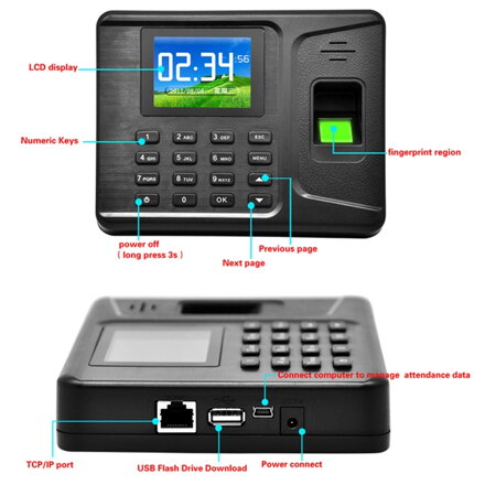Realand A-F261, síťové připojení TCP / IP, USB, Docházkový systém