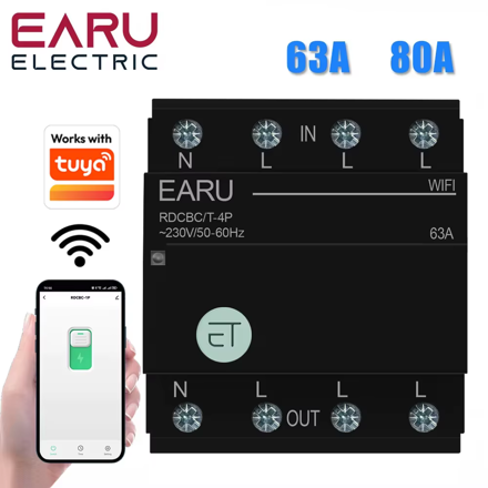 EAWCB-TY-4P EARU WiFi 3P+N 63/80A – inteligentní třífázový spínač Tuya / Smart Life