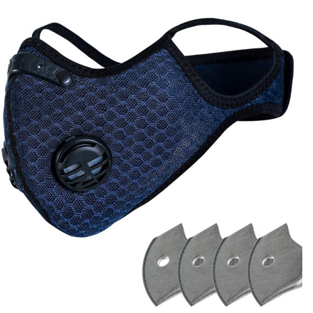 EU3M respirátor - protiprachová maska + 5x filtr PM25 s aktivním uhlím, filtrační maska, sportovní síťovina, univerzální velikost, navy modrá