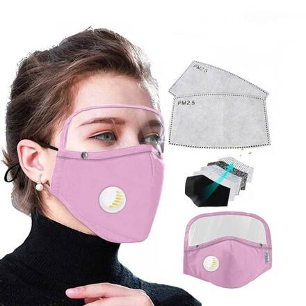 Štít a PM2.5 Bavlněná ústní maska s výduchem pro opakované použití + 2x filtr PM2.5 s aktivním uhlím 5 vrstev, růžová